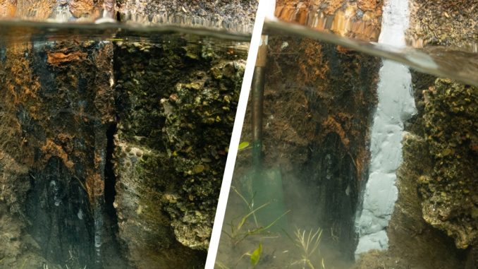 Underwater epoxy repair putty used to seal a crack in a wall at a trout farm
